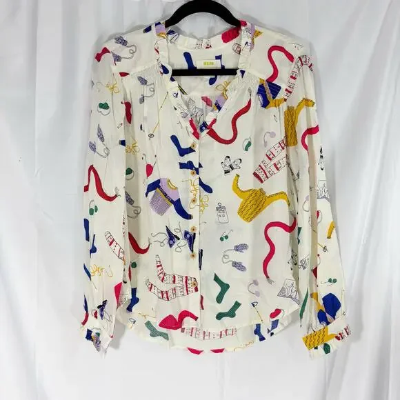 Anthropologie Maeve Marisol Ruffled Blouse 6P Ski Print Button Front snow - Picture 2 of 7